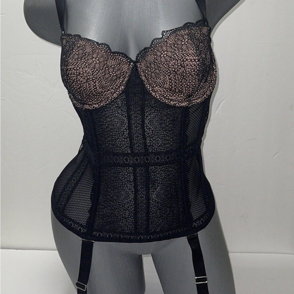 Victoria Secret Lingerie Corset Black Lace 36D Coquette Whimsigoth Fairy Grunge